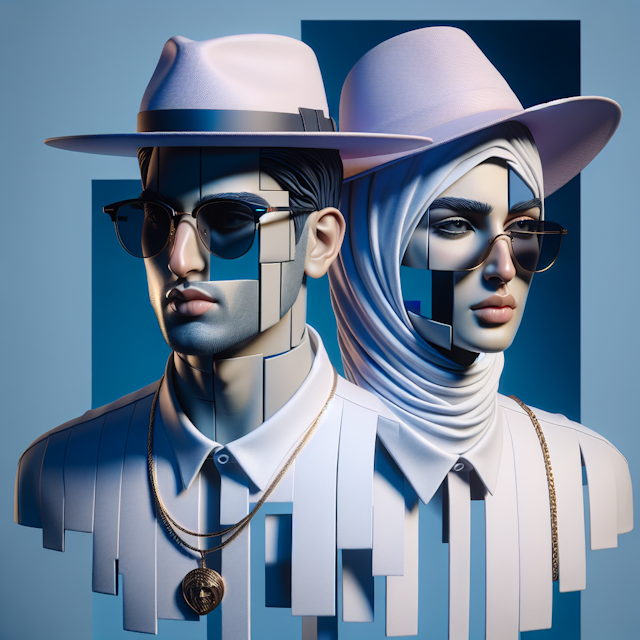 surreal futuristic setting imagine two individuals wearing hats sunglasses medium slate blue backdrop they are both dresse...