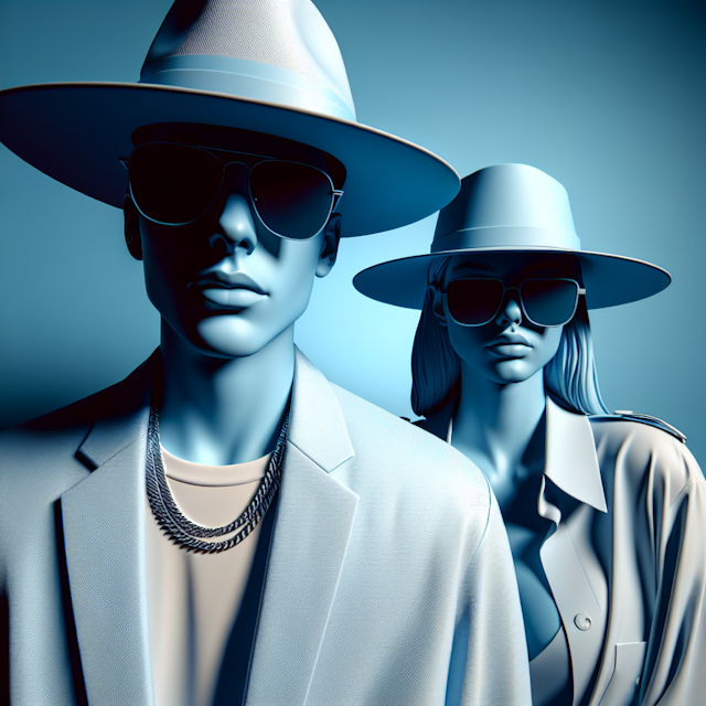 3d realistic surreal two individuals medium slate blue both individuals are wearing wide-brimmed hats sunglasses are dress...