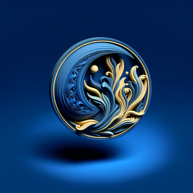 generate 3d levitating art design logo featuring surreal design deep blue color light yellow highlights logo exude air mys...