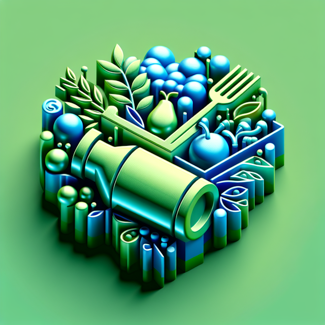 3d realistic logo related food beverages design style futuristic use medium spring green color incorporate elements blue-v...