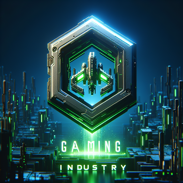 futuristic three-dimensional gaming industry logo levitating backdrop dark blue style mirror aesthetics cyberpunk characte...