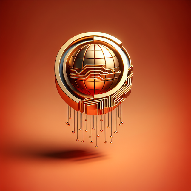 high-tech 3d logo related art design presented levitating style it have distinctive gold color orange-red solely visual re...