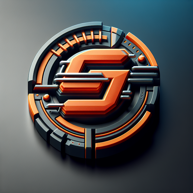 generate 3d realistic sports team logo designed high-tech aesthetic it composed vibrant shades orange presented slate gray...