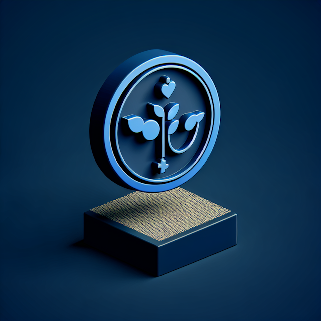 generate 3d levitating health wellness emblem designed cartoonish style emblem dark blue it has shades deep blue color kee...