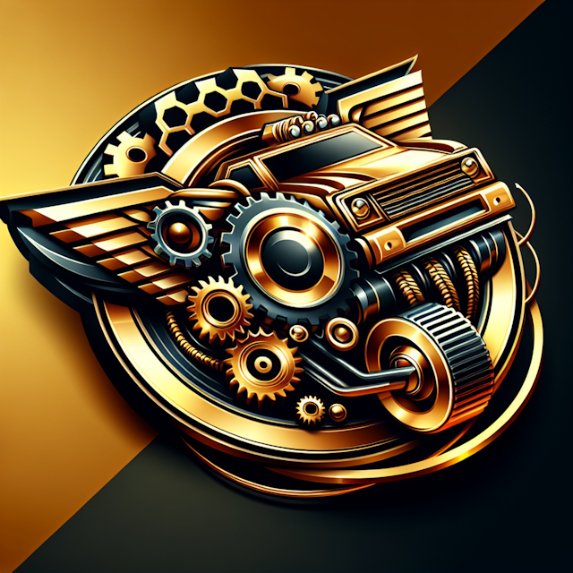 design three-dimensional realistic emblem signifying automotive industry infuse design elements fantasy color logo gold pr...