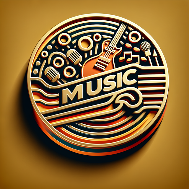 generate 3d realistic logo associated music bands incorporating retro design aesthetic ensure rich gold color while primar...