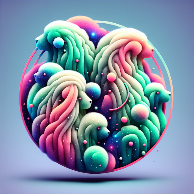 visualize 3d logo portrays abstract representation fluffy animals blended elements cosmic space-themed design primary colo...