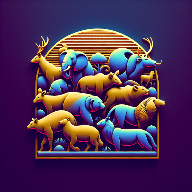 generate 3d realistic logo featuring various animals design have retro aesthetic vibrant gold primary color animals deep s...