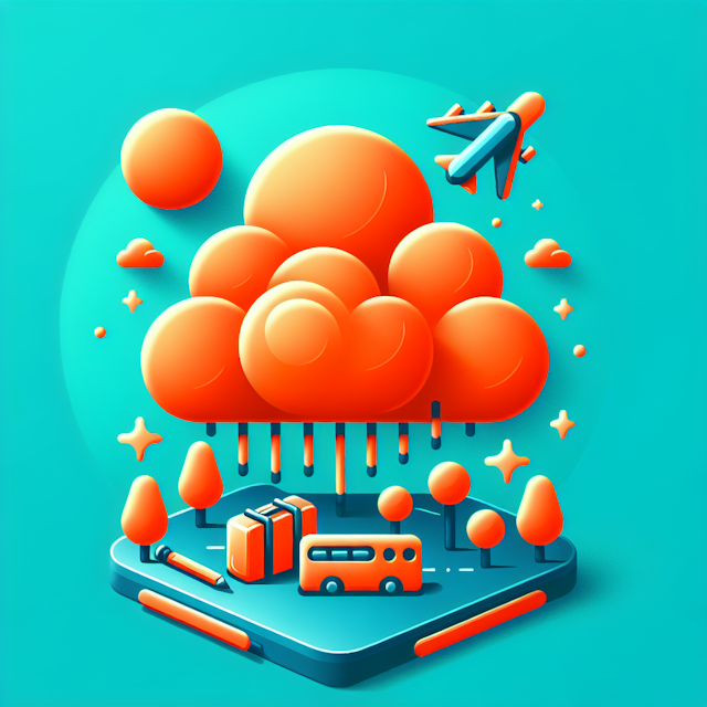 3d fluffy playful-styled travel tourism logo design incorporate colors turquoise orange-red as predominant theme color log...