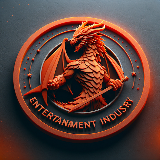 produce 3d realistic entertainment industry logo encapsulates fantasy theme logo striking orange-red color backdrop slate ...