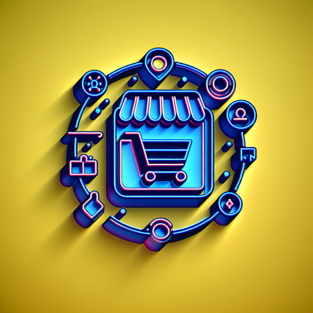 generate 3d floating logo representing e-commerce store design logo neon-style predominant colors deep blue logo itself su...