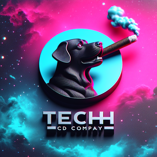 realistic 3d tech company logo featuring black dog smoking cigar pink turquoise space-themed ensure there added logo