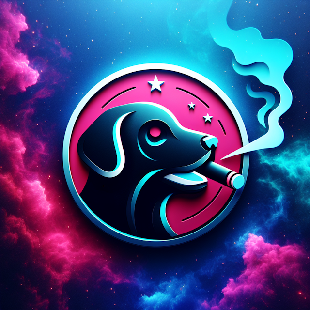 generate realistic 3d tech company logo featuring black dog smoking cigar design vibrant space-inspired backdrop showcasin...