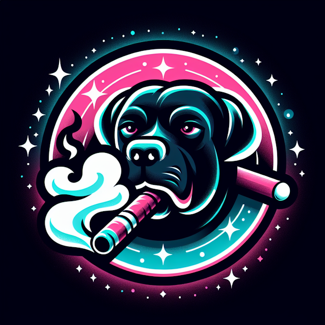 generate visualizes realistic 3d logo tech company heavily featuring black dog puffing cigar logo incorporate cosmic or sp...