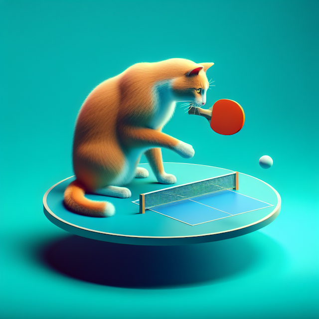 generate surreal visually striking bright turquoise focus realistic 3d scene cat engaging unusual activity playing ping po...