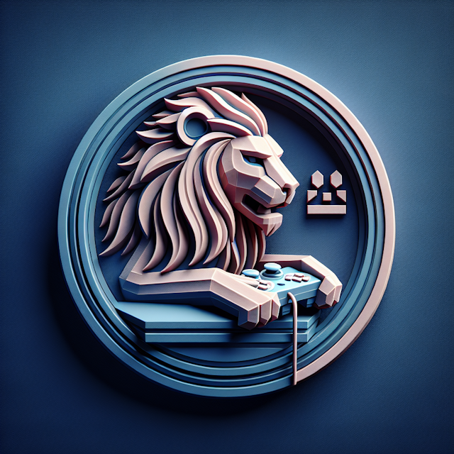 generate 3d realistic financial services logo unique design features lion engrossed playing video game exuding aura elegan...