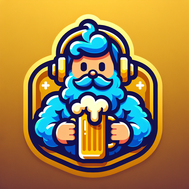 fluffy 3d logo cartoonish design tech company associated gaming central theme gamer enjoying beer logo feature gold deep b...