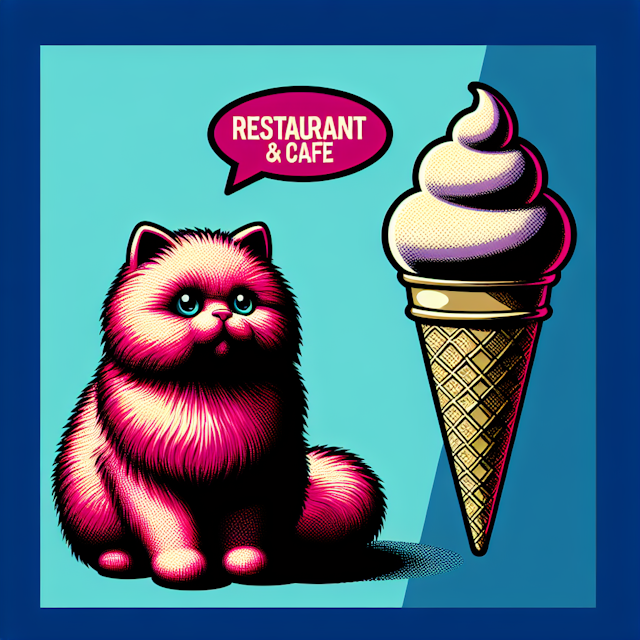 pop art inspired logo restaurant cafe main elements include fluffy 3d cat ice cream cone use rich deep blue shade while pr...