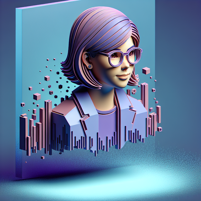 high-tech levitating 3d logo tech company feature 3d design short-haired glasses-wearing medium-brown skinned girl named '...