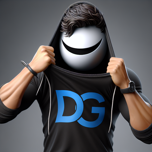 realistic 3d personal brands logo featuring man black shirt covering his face huge white smile marked dg his shirt logo ha...