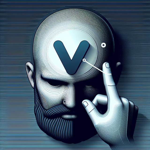 generate 3d futuristic art design which features bald man black beard one hand hovering around 'v' sign placed inside his ...