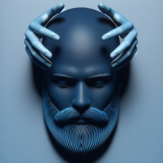 render futuristic-style 3d art design levitating concept depict bald bearded man dark facial hair one his hands forming 'v...