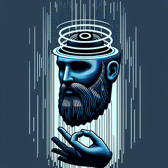 generate futuristic 3d art design illustration depicting levitating bald man black beard his hand holding 'v' shape inside...