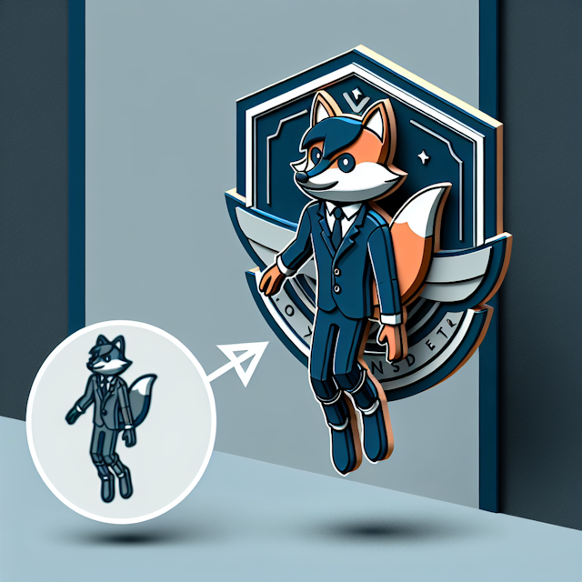 visualize 3d levitating logo displaying character cosplaying as fox character has cartoonish design style logo exists slat...