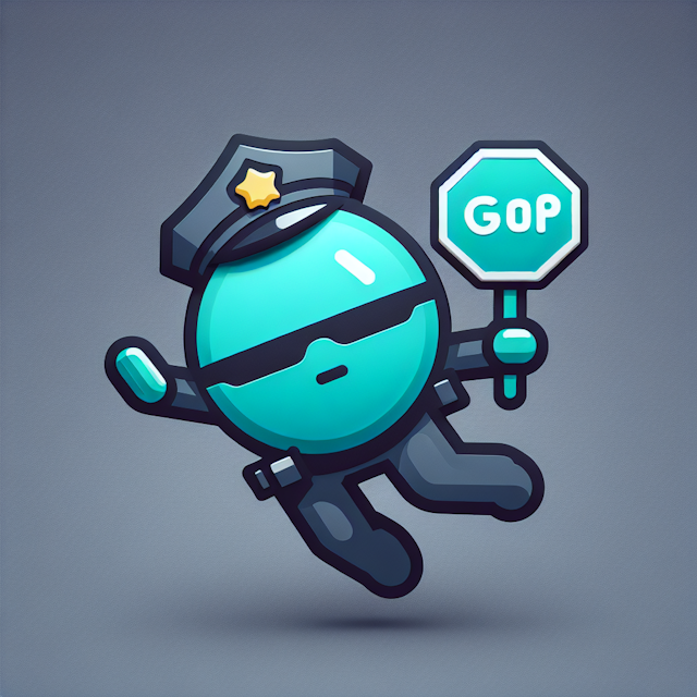 high-tech design logo featuring 3d avatar golang language avatar depicted levitating wearing police cap holding stop sign ...