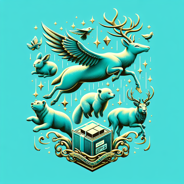 generate 3d fantasy-themed logo design it must feature variety animals known their delivery capabilities suspended mid-air...