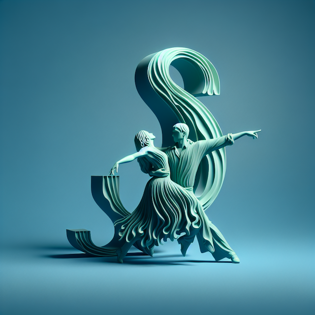 visualize realistic 3d featuring dancing couple envisage couple way their dancing posture forms shape letters 's' 'a' scen...