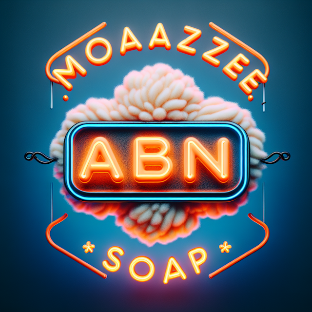 logo 3d design conceptual brand called 'moajeze aban soap' have fluffy texture design carry aesthetic neon signage vibrant...