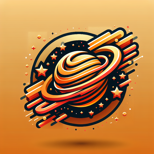 3d logo surrounded by stars high-tech design approach color palette feature gold predominant use vibrant orange main eleme...