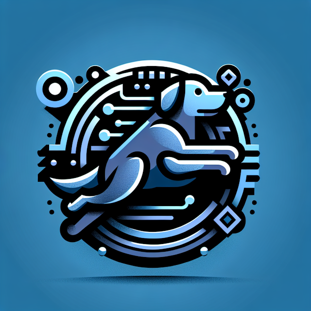 generate high-tech 3d logo featuring dog levitating playing peekaboo design have medium slate blue blue-violet as primary ...