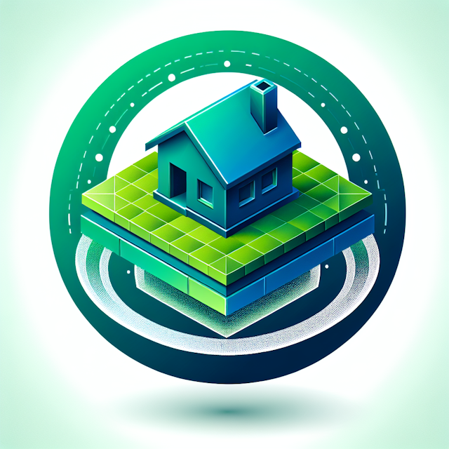 high-tech 3d logo featuring concept house land design levitating bright green color primary elements house land deep blue ...