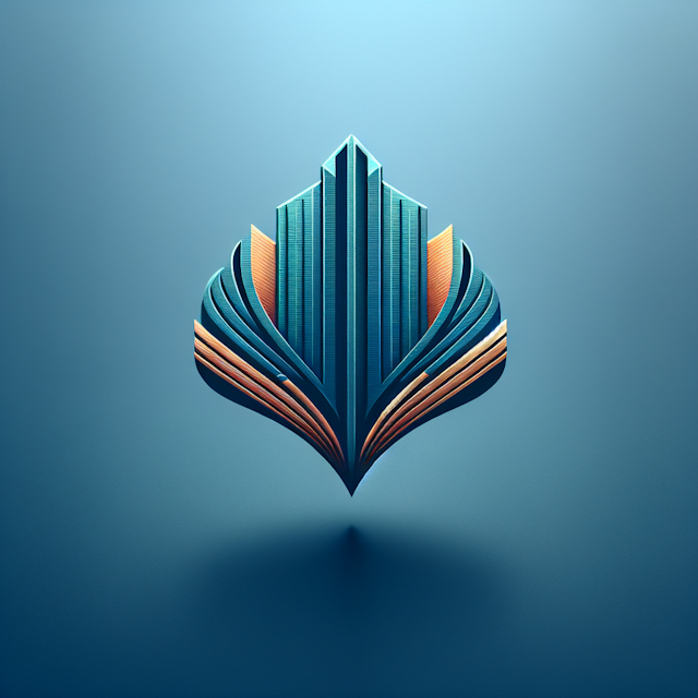 generate 3d levitating stylized logo logo feature two symmetrical elongated shapes resemble either sails or book pages the...