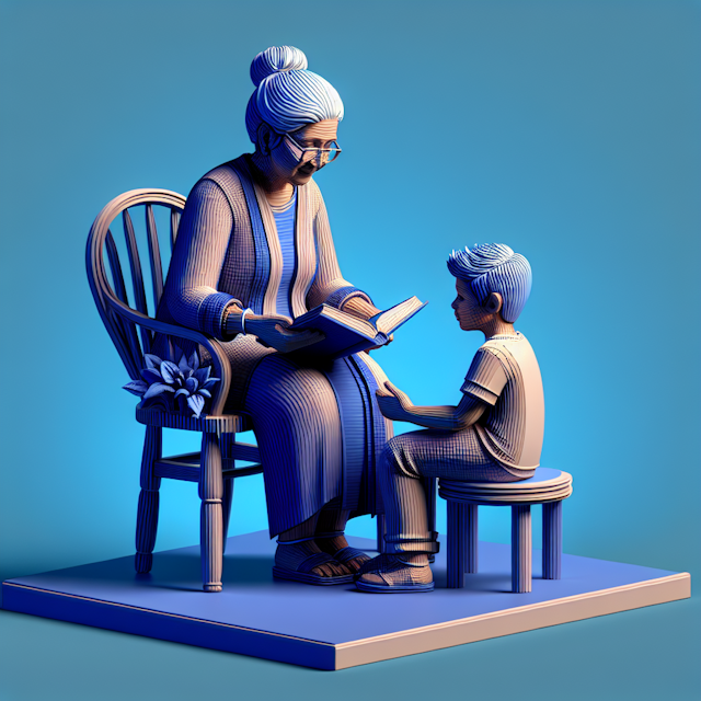 generate 3d realistic design south asian grandmother sitting chair reading book hispanic boy who sitting at her feet featu...