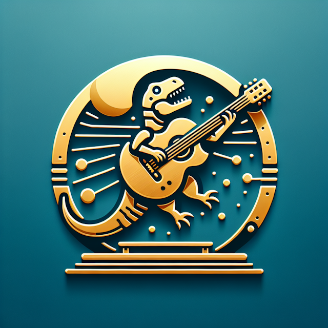 high-tech style logo featuring 3d levitating dinosaur playing guitar while sitting bench design have light yellow color go...