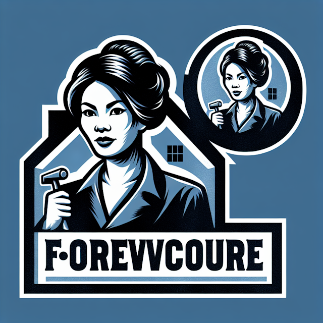 generate realistic 3d vintage-style logo featuring strong character asian female homeowner averting foreclosure medium sla...