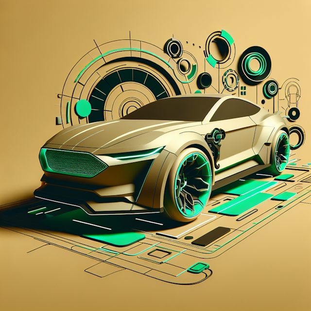 realistic 3d featuring car design lean towards high-tech style color khaki while primary elements such as car any futurist...