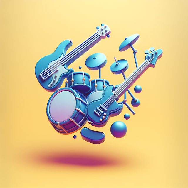 modern logo light yellow color 3d logo features electric guitar bass guitar drums all levitating primary elements – instru...