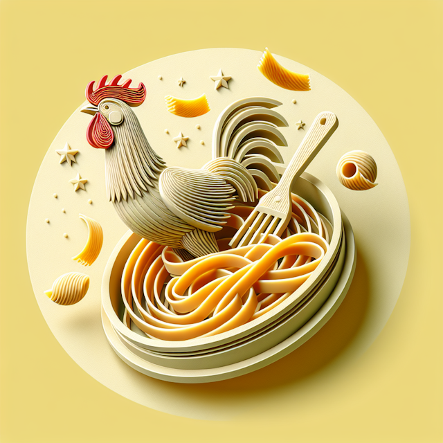 high-tech designed logo composed 3d embossed elements central subject rooster rendered quaint style levitating whilst amus...