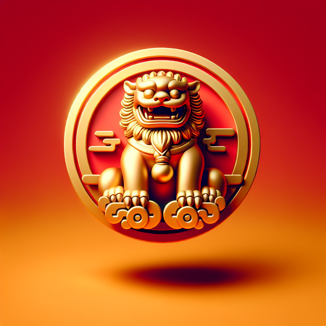 levitating 3d cartoonish depiction chinese guardian lion sitting smiling main elements gold color backdrop vibrant orange-...