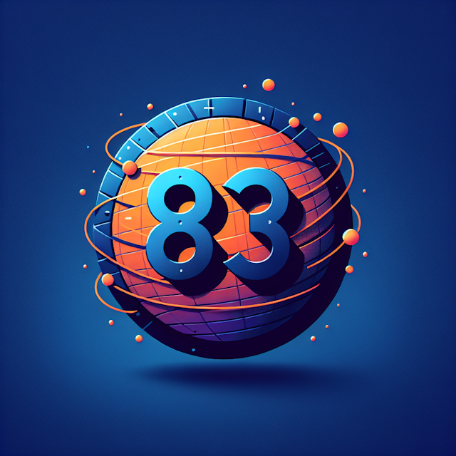 high-tech logo featuring 3d levitating number 83 orange sphere primary elements logo painted blue violet while medium slat...