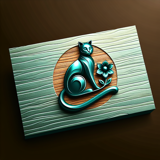 levitating 3d logo elegant design setting logo burlywood coloured main feature malachite cat sitting down holding flower i...