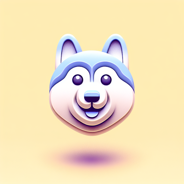 generate 3d happy husky face appears levitating design minimalist light yellow primary elements husky's face such as eyes ...