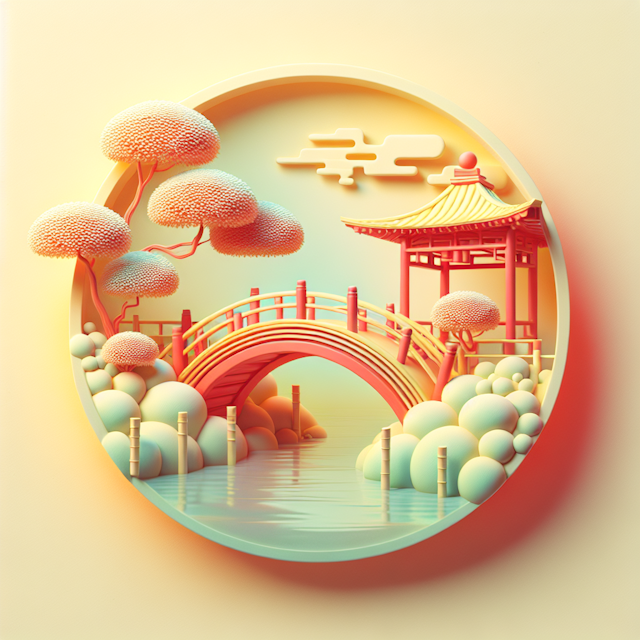 soft dreamy 3d logo light yellow primary feature logo traditional japanese garden scene particular focus vibrant orange-re...