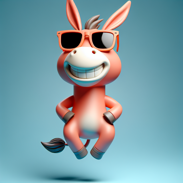 playful fun 3d levitating anthropomorphic donkey looking incredibly cool its sunglasses character showing broad contagious...