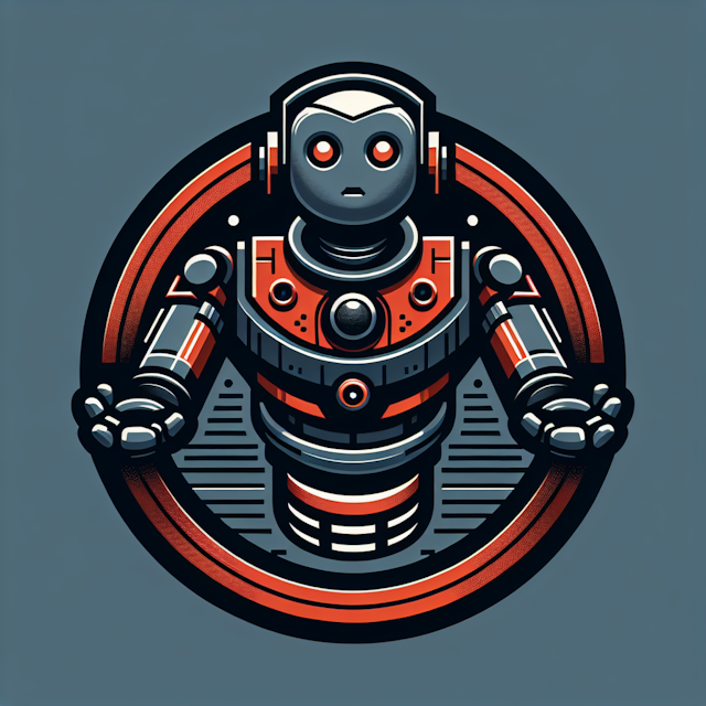 design logo features 3d levitating robot painted dark gray crimson red hues represent ai assistant chatbot it have quintes...