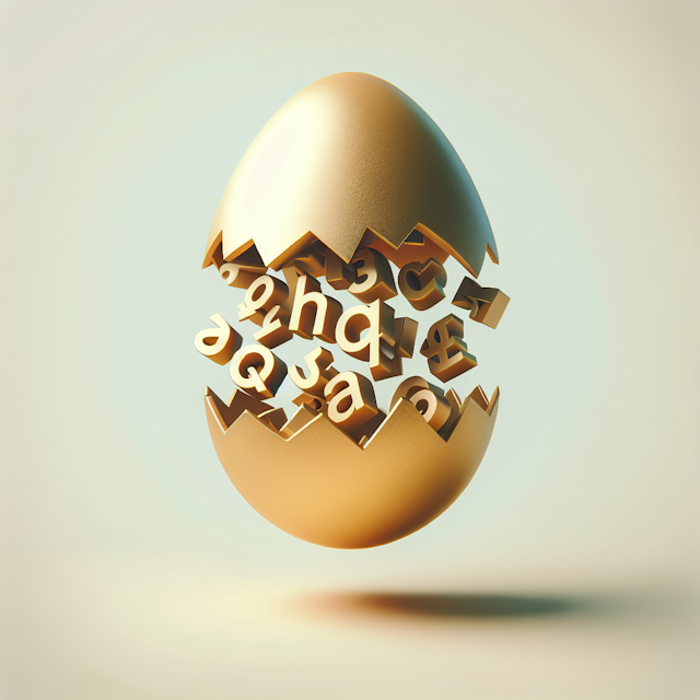 minimalist 3d logo logo features cracked egg which alphabet letters various sizes are emerging design appears as though it...